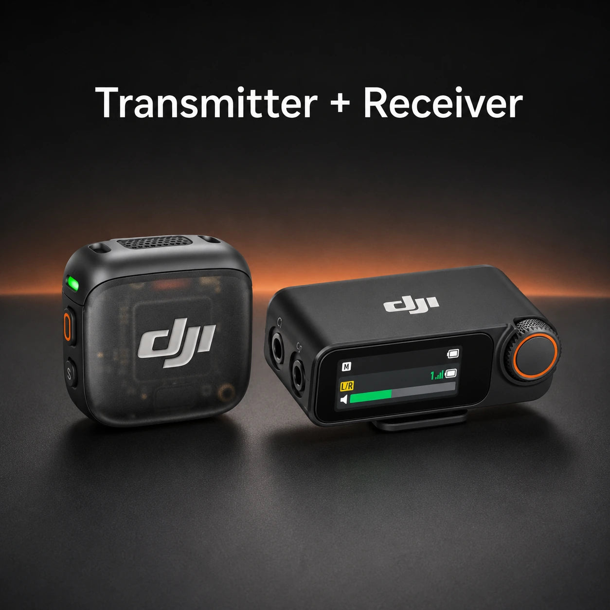 Two DJI devices labeled 'Transmitter + Receiver' on a dark background