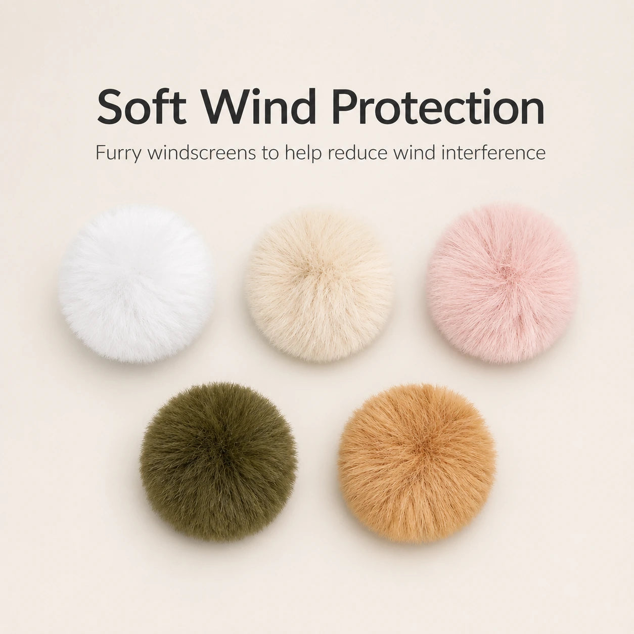 Five fluffy wind protection screens in different colors on a beige background with text about soft wind protection.