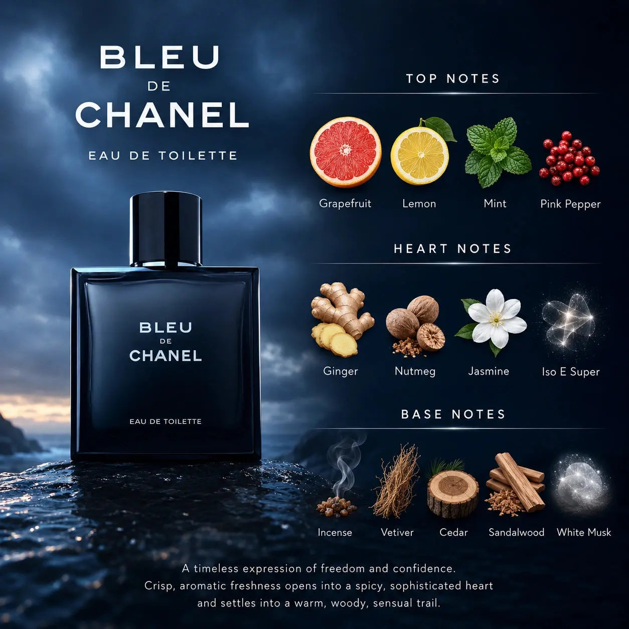 Chanel Bleu De Chanel fragrance notes infographic with grapefruit, lemon, mint, pink pepper, ginger, nutmeg, jasmine, incense and woods at Gadgets Online NZ