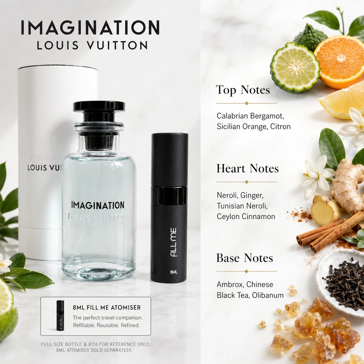 Louis Vuitton Imagination 8ml Fill Me decant fragrance notes infographic showing citrus top notes, spicy floral heart notes, and tea resin base notes.