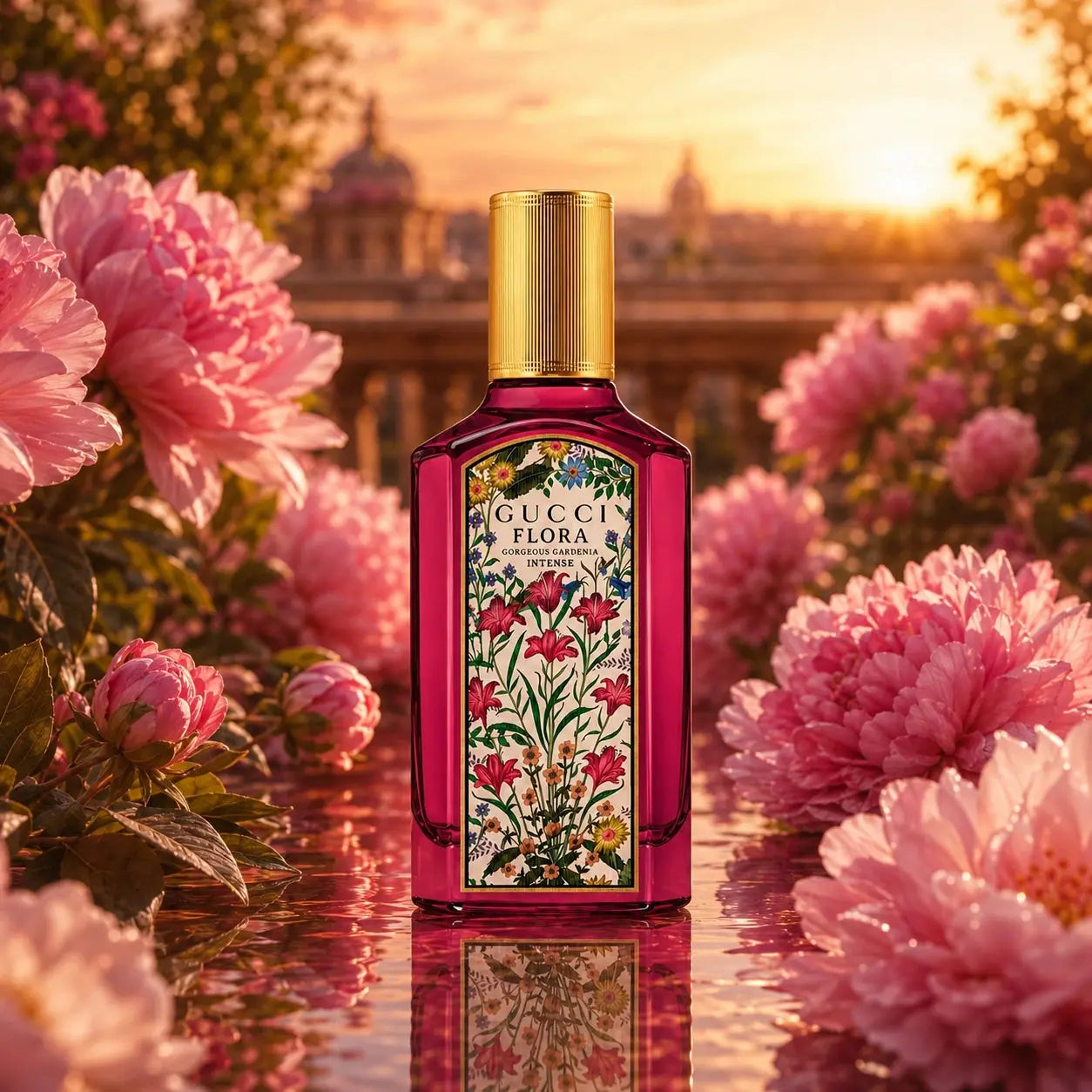Gucci Flora Gorgeous Gardenia Intense EDP 50ml deep pink bottle hero image in a golden floral garden setting at Gadgets Online NZ