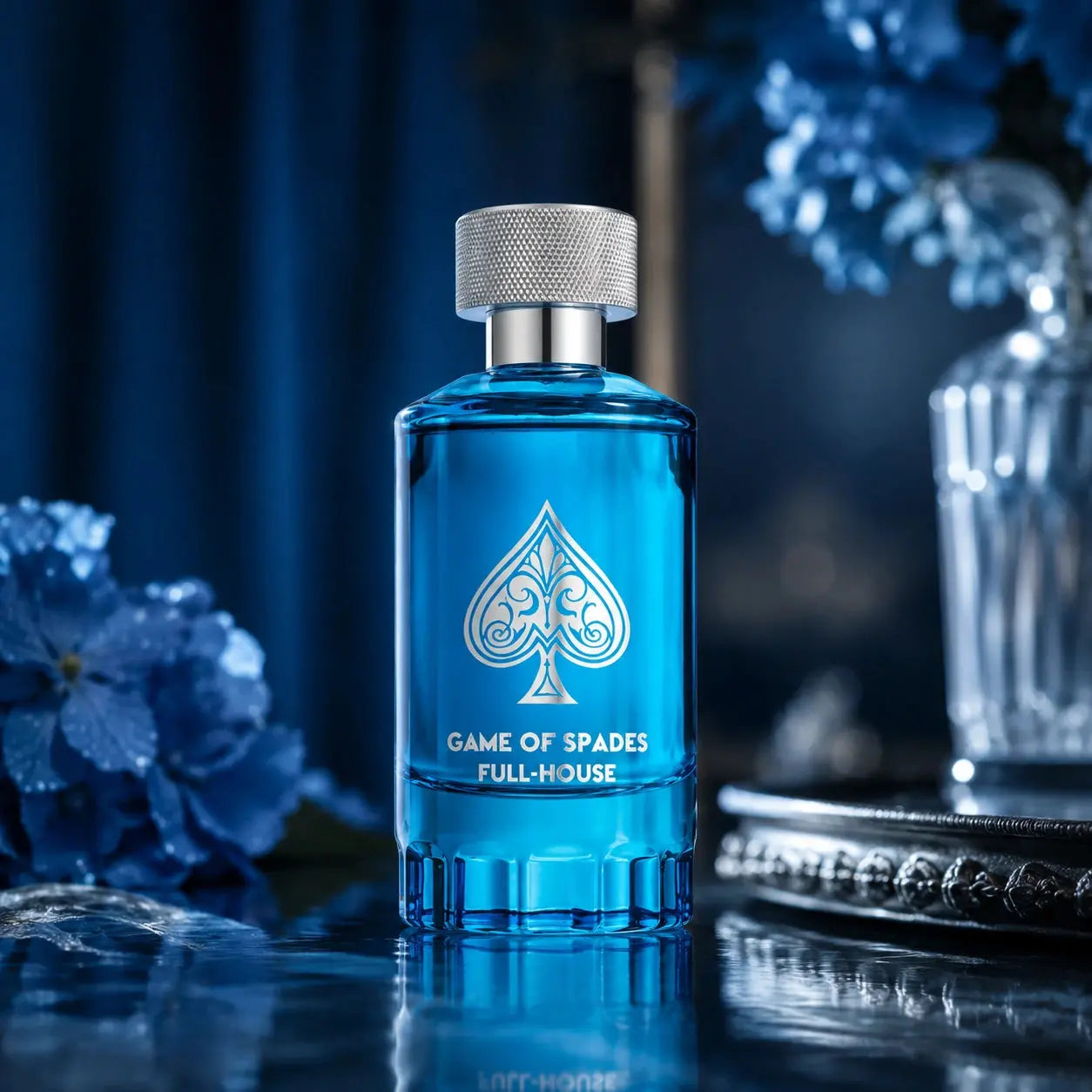 Jo Milano Game Of Spades Full House 100ml EDP bottle hero image in an elegant deep blue luxury setting at Gadgets Online NZ