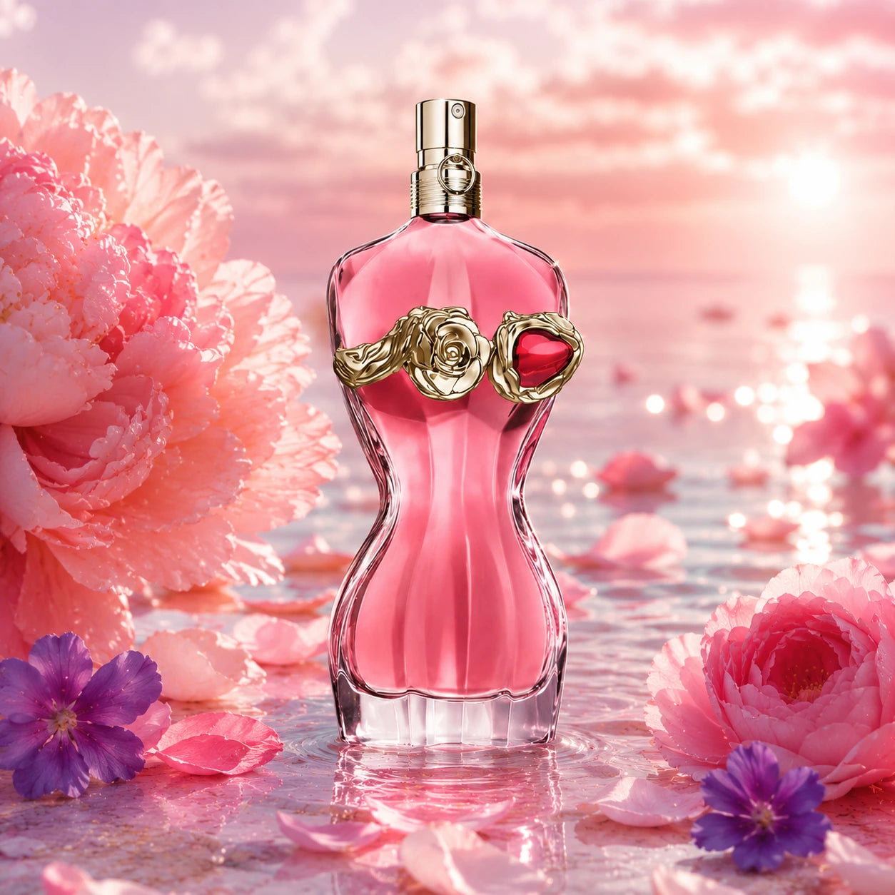 Jean Paul Gaultier La Belle Rosea EDP 100ml perfume bottle hero image with romantic pink floral waterscape at Gadgets Online NZ