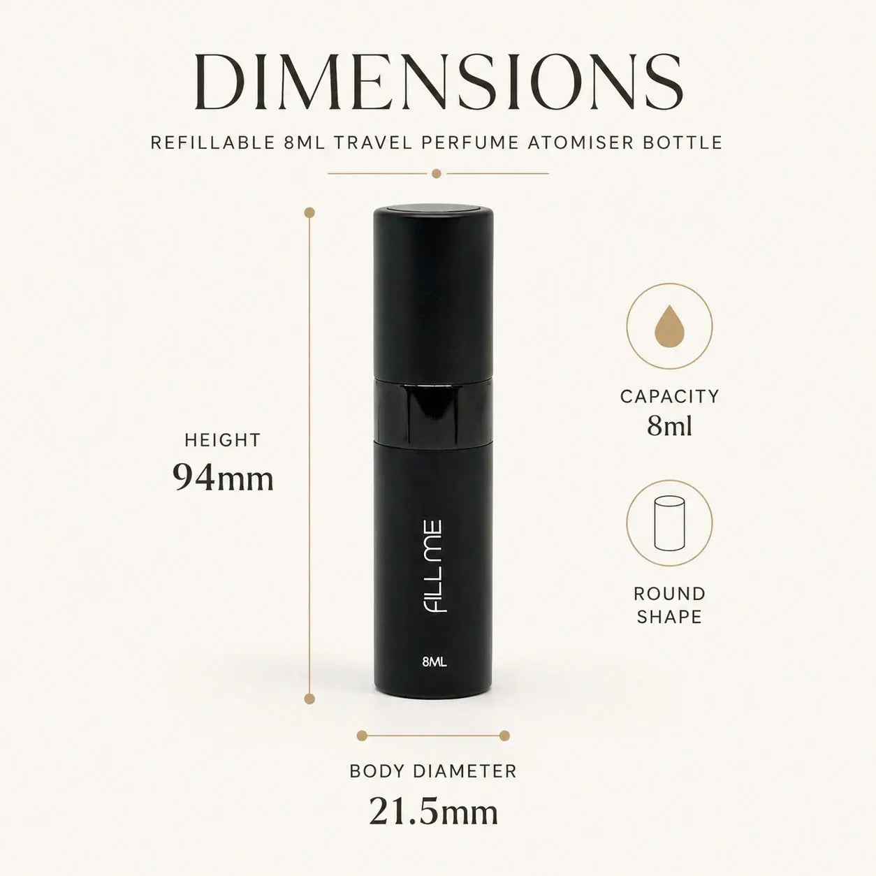 Fill Me refillable 8ml travel perfume atomiser bottle black product features infographic showing 8ml capacity, matte surface, leak-proof design, anodized aluminium case, and portable refillable use.