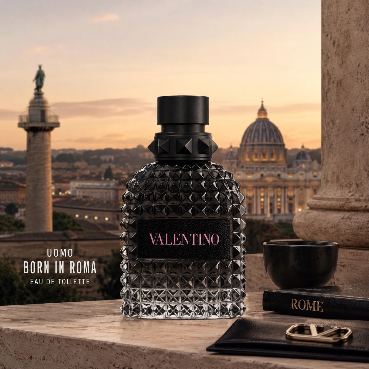 Valentino Uomo Born In Roma EDT 50ml for men with a Rome sunset background at Gadgets Online NZ