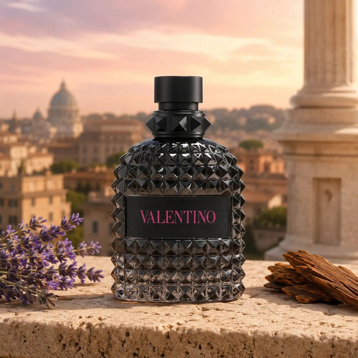 Valentino perfume bottle with a scenic background