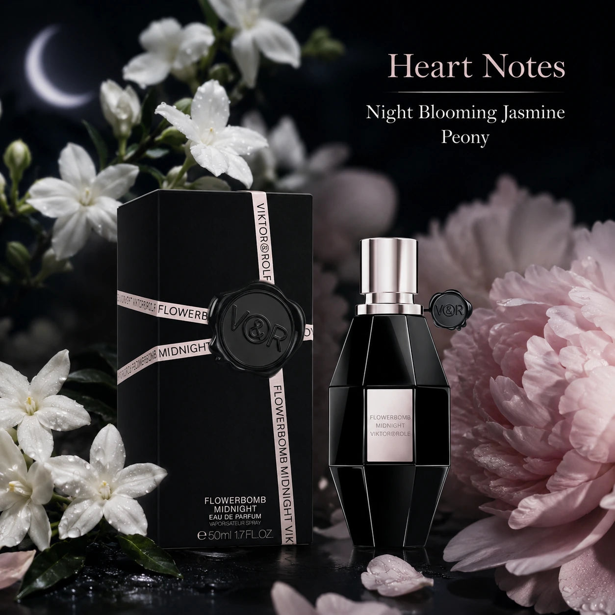 Viktor & Rolf Flowerbomb Midnight perfume with flowers in the background
