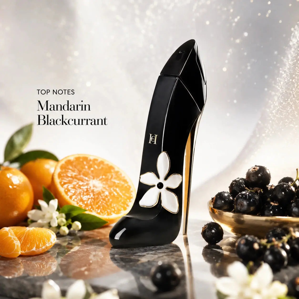 Carolina Herrera Good Girl Jasmine Absolute EDP 50ml top notes image with mandarin and blackcurrant at Gadgets Online NZ