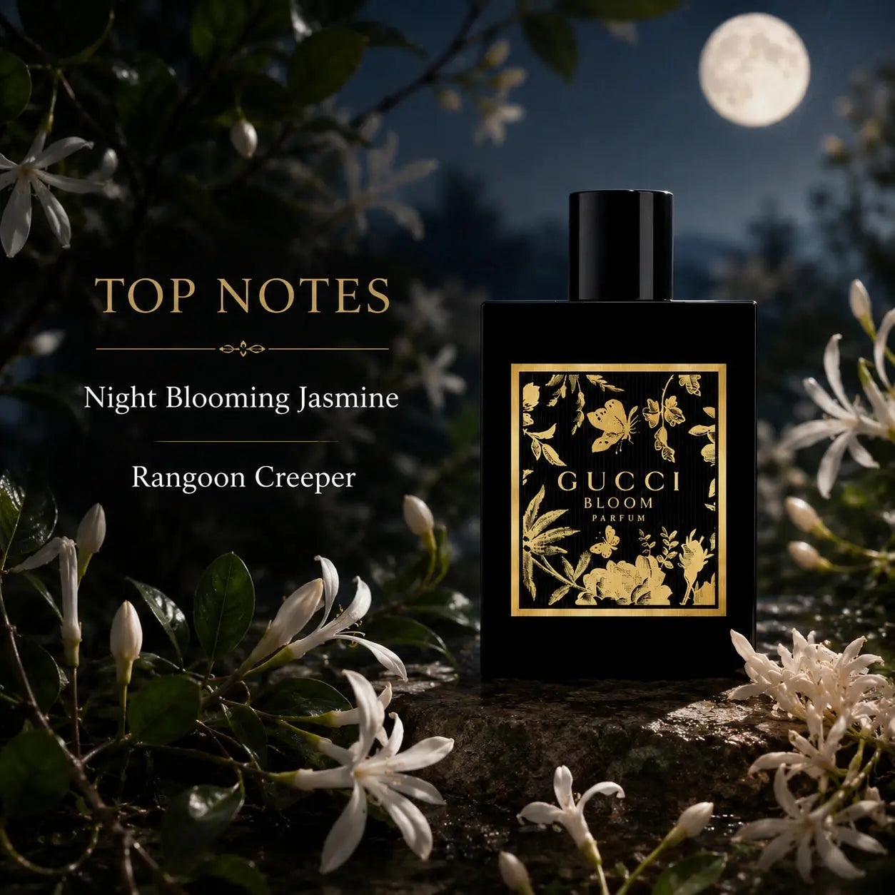 Gucci Bloom Parfum 100ml top notes image with night blooming jasmine and Rangoon creeper at Gadgets Online NZ
