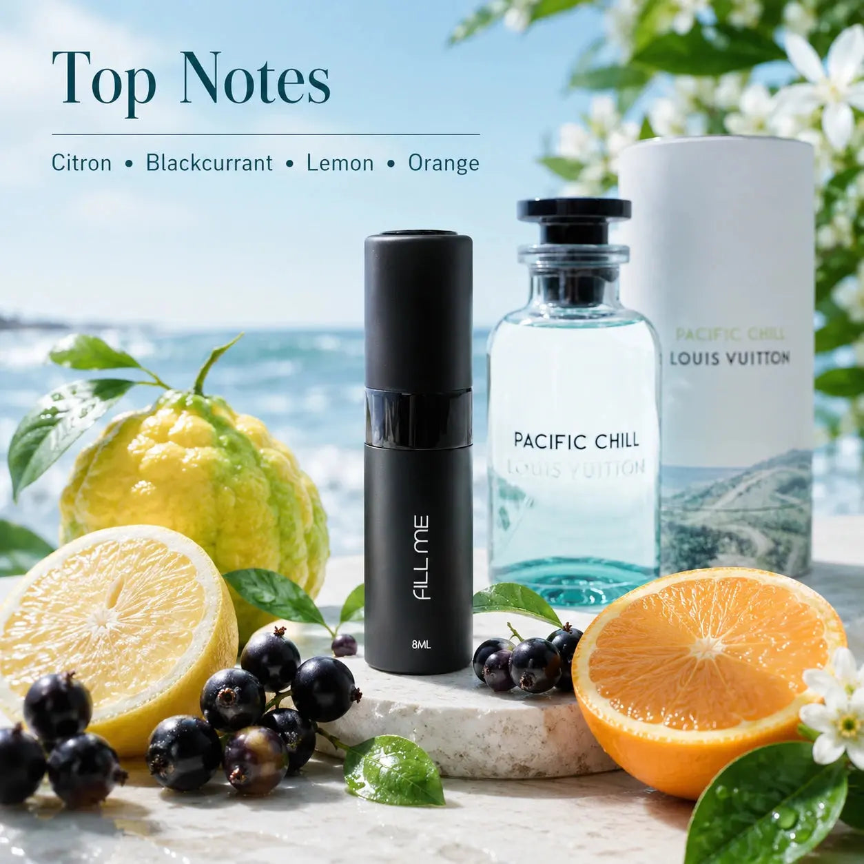 Louis Vuitton Pacific Chill fragrance top notes image showing citron, blackcurrant, lemon and orange with 8ml Fill Me atomiser and full-size bottle