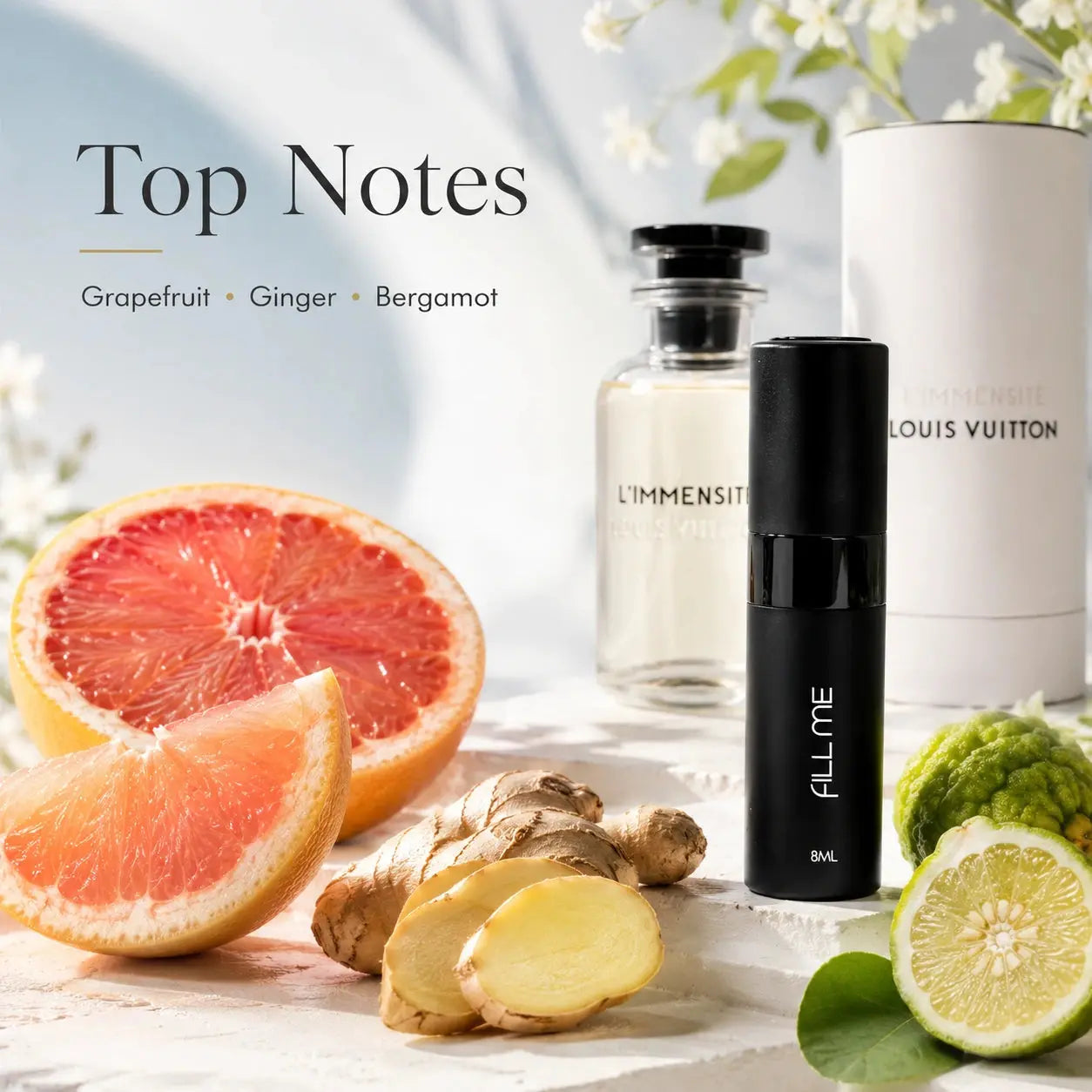 Louis Vuitton L'Immensité 8ml decant top notes image showing grapefruit, ginger and bergamot with Fill Me atomiser and full-size fragrance reference.