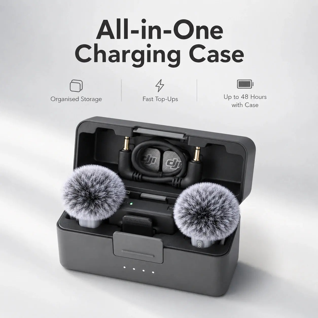 DJI Mic Mini 2 all-in-one charging case with organised storage and fast top-ups
