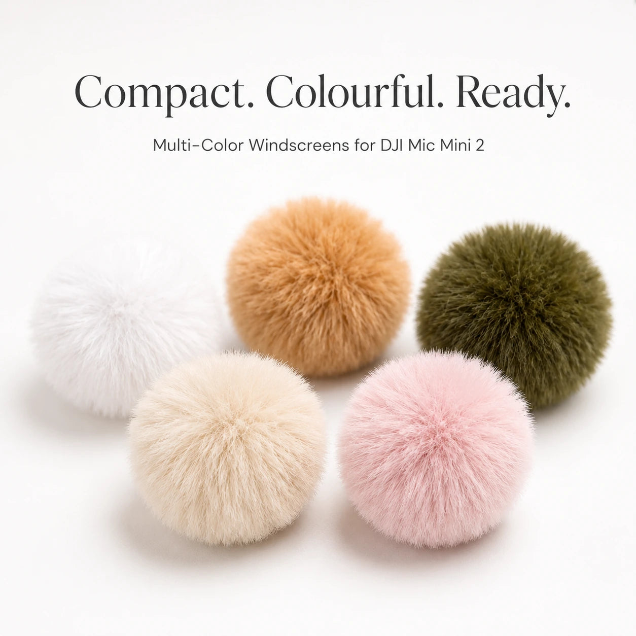 Four multi-colored fuzzy windscreens for DJI Mic Mini 2 on a white background with text.