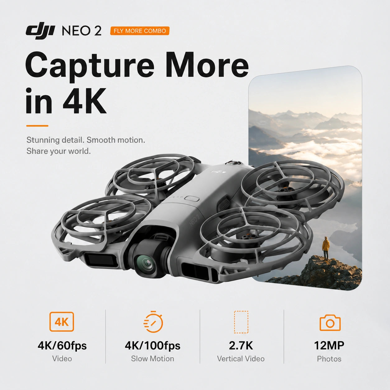 DJI Neo 2 Fly More Combo 4K video 4K slow motion 2.7K vertical video and 12MP photo features