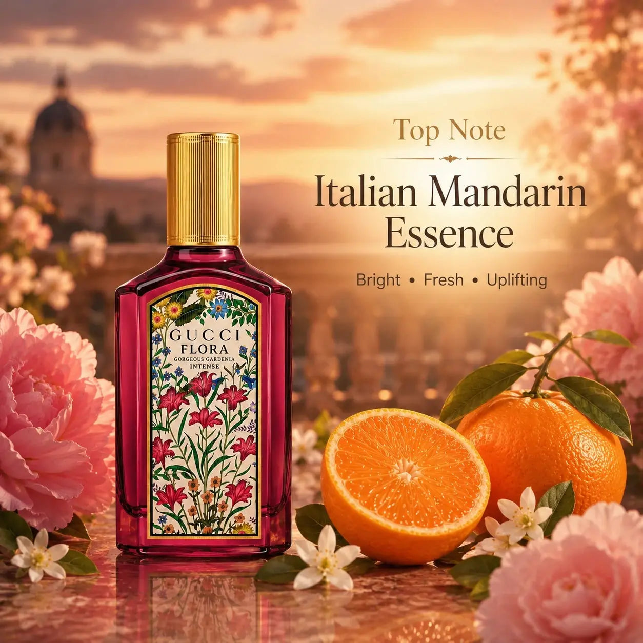 Gucci Flora Gorgeous Gardenia Intense EDP 50ml top note image showing Italian Mandarin Essence at Gadgets Online NZ