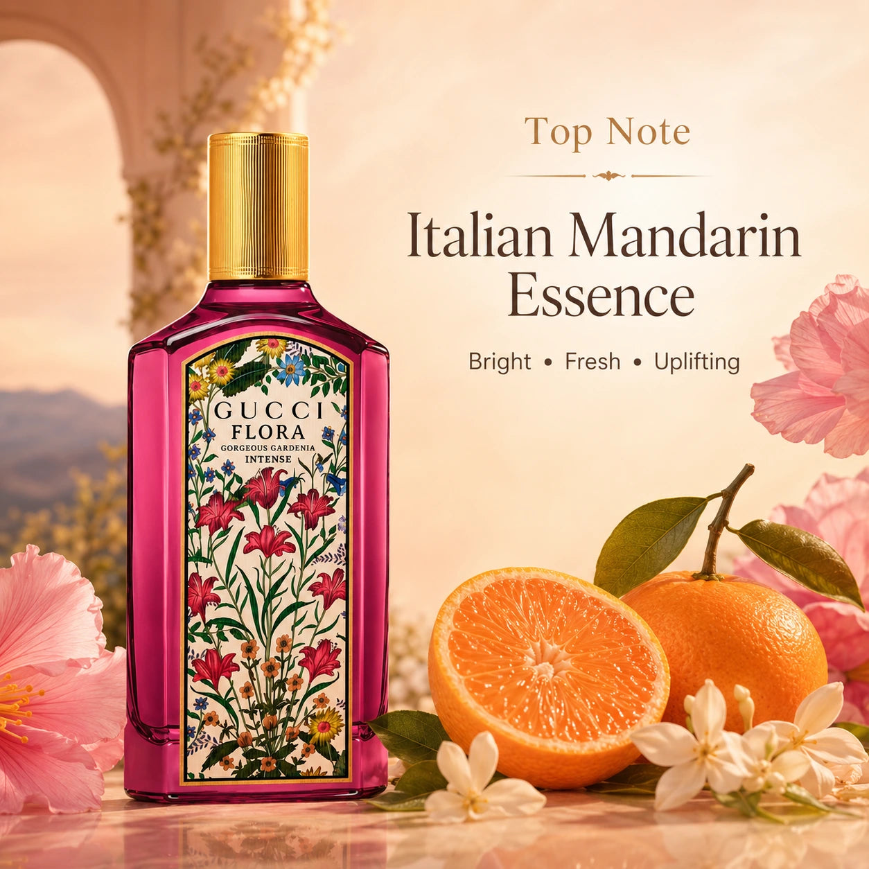 Gucci Flora Gorgeous Gardenia Intense EDP 100ml top note image showing Italian mandarin essence at Gadgets Online NZ