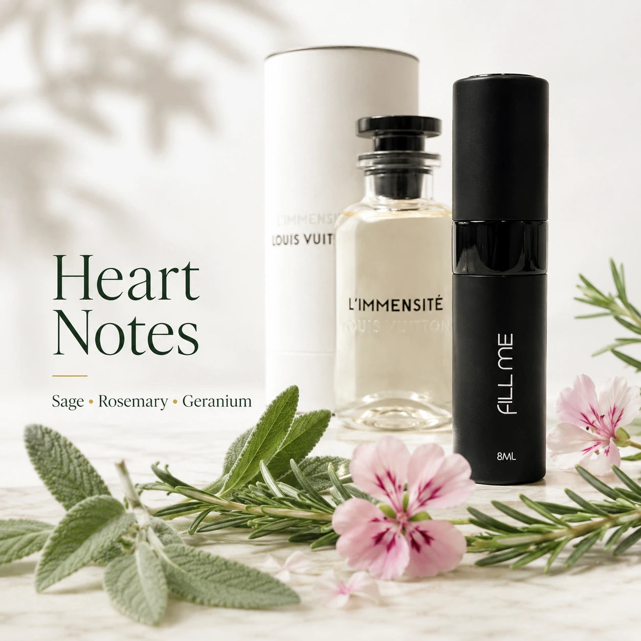 Louis Vuitton L'Immensité 8ml decant heart notes image featuring sage, rosemary and geranium with Fill Me atomiser and fragrance reference bottle.