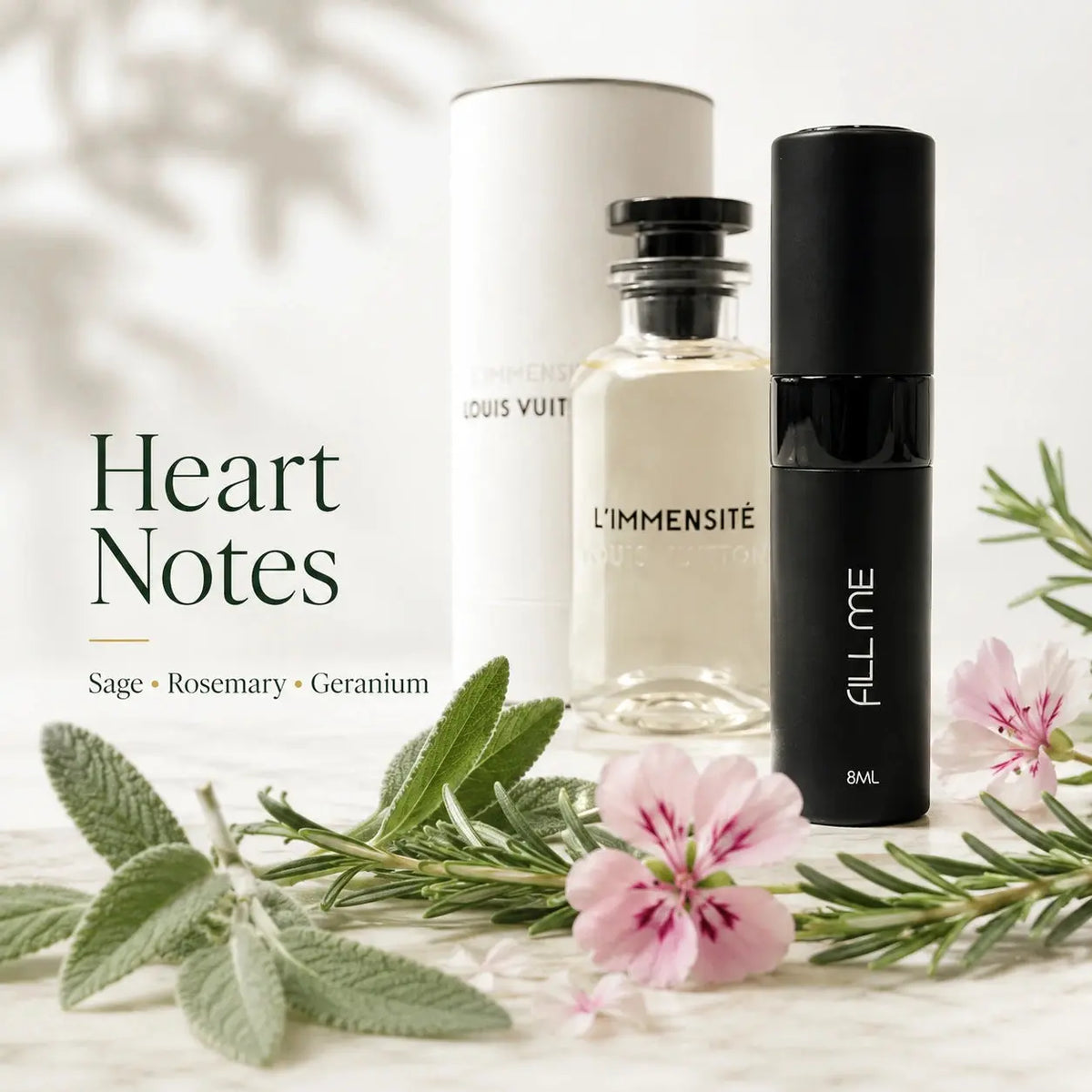 Louis Vuitton L'Immensité 8ml decant heart notes image featuring sage, rosemary and geranium with Fill Me atomiser and fragrance reference bottle.