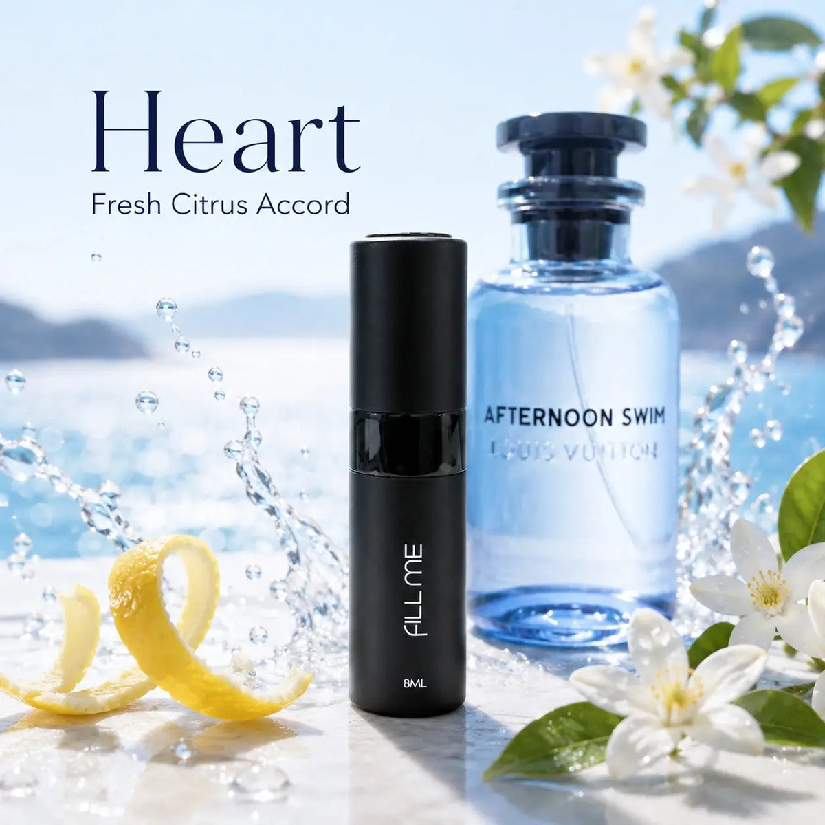 Louis Vuitton Afternoon Swim heart notes image showing a fresh citrus accord with the 8ml Fill Me atomiser and the full-size fragrance reference.
