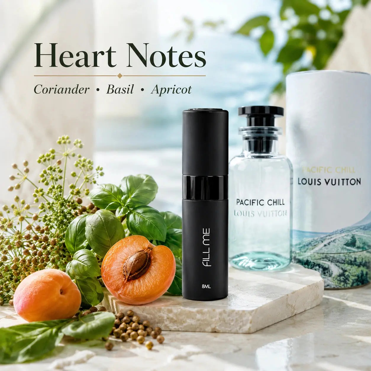 Louis Vuitton Pacific Chill fragrance heart notes image showing coriander, basil and apricot with 8ml Fill Me atomiser and full-size bottle
