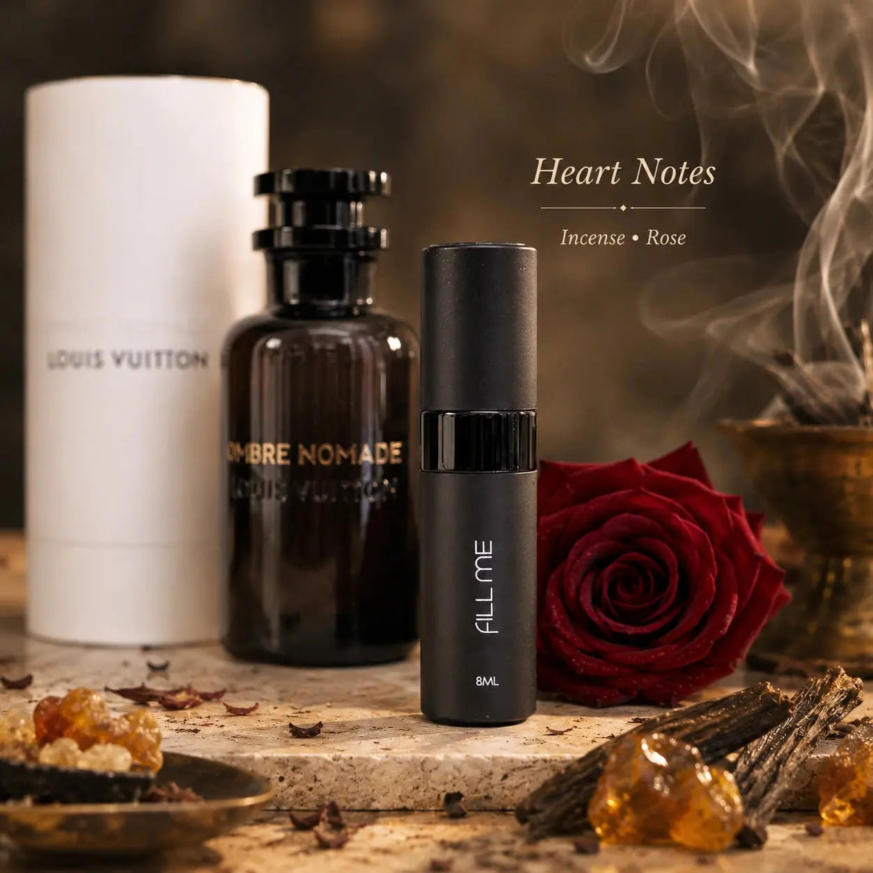 Louis Vuitton Ombre Nomade 8ml decant heart notes image featuring incense and rose with the Fill Me atomiser and full-size fragrance reference.