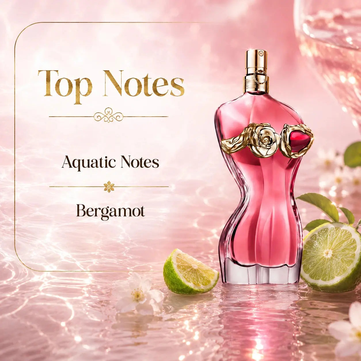 Jean Paul Gaultier La Belle Rosea EDP 100ml top notes image showing aquatic notes and bergamot at Gadgets Online NZ