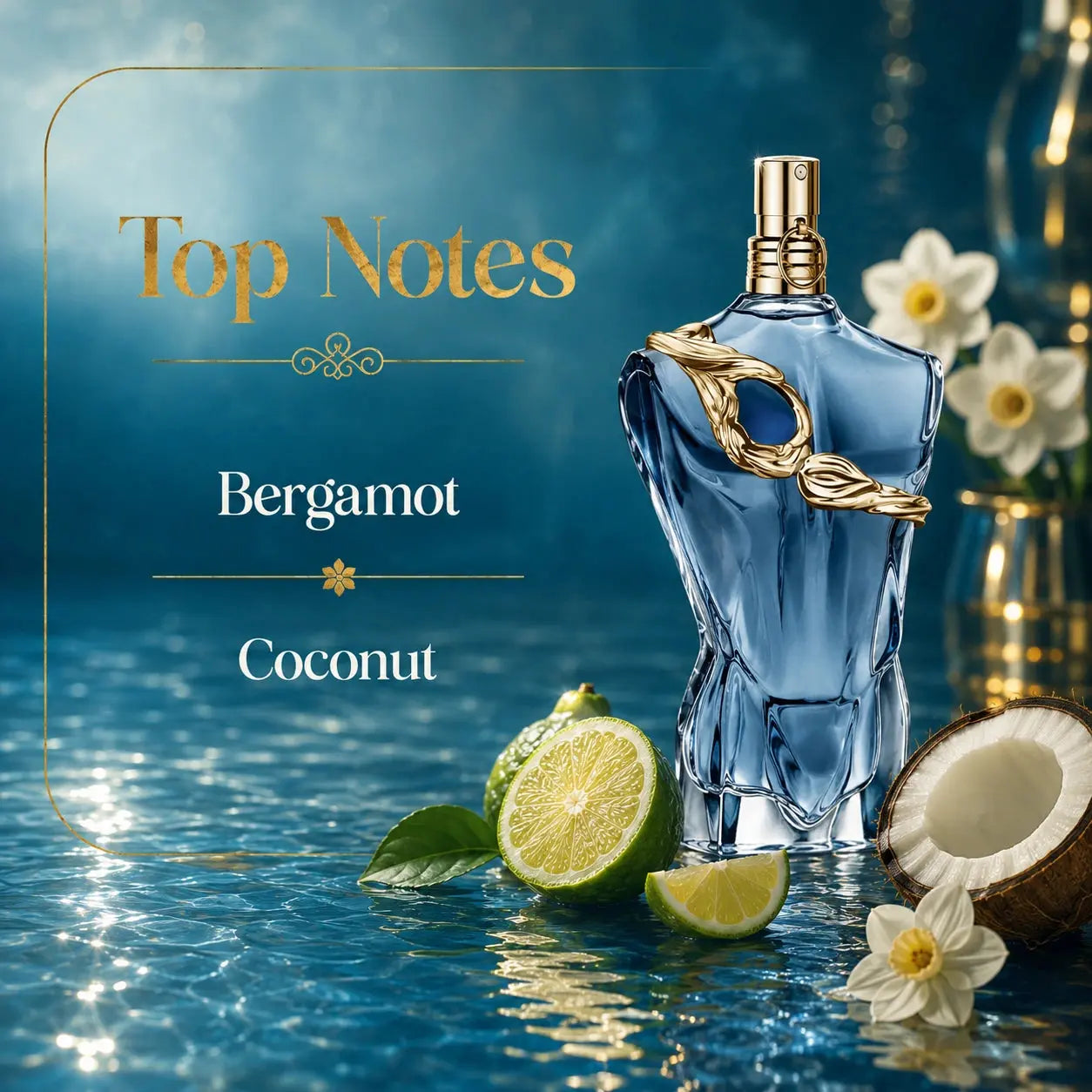 Jean Paul Gaultier Le Beau Narcisse EDP 75ml top notes image showing bergamot and coconut at Gadgets Online NZ