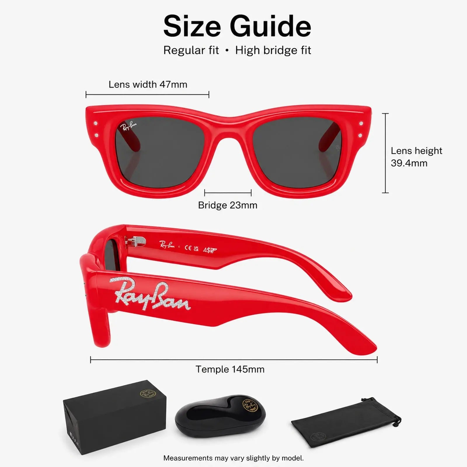 Red sunglasses with measurements and RayBan branding on a white background
