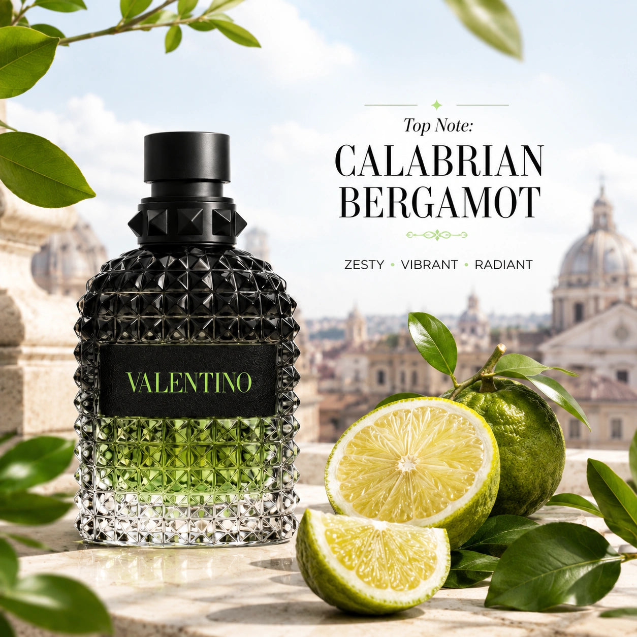 Valentino Uomo Born In Roma Green Stravaganza EDT top note image with Calabrian bergamot at Gadgets Online NZ