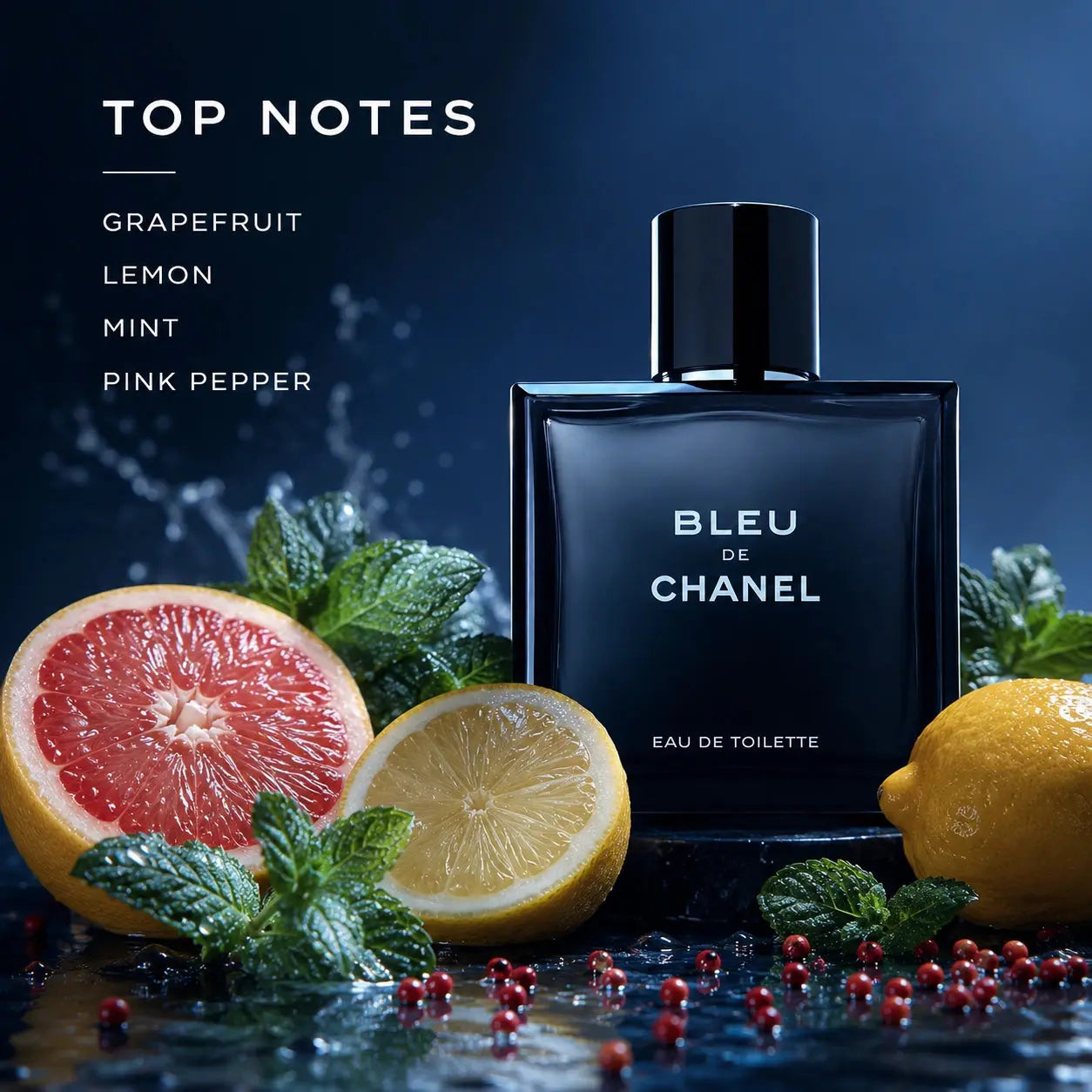 Chanel Bleu De Chanel top notes image with grapefruit, lemon, mint and pink pepper at Gadgets Online NZ