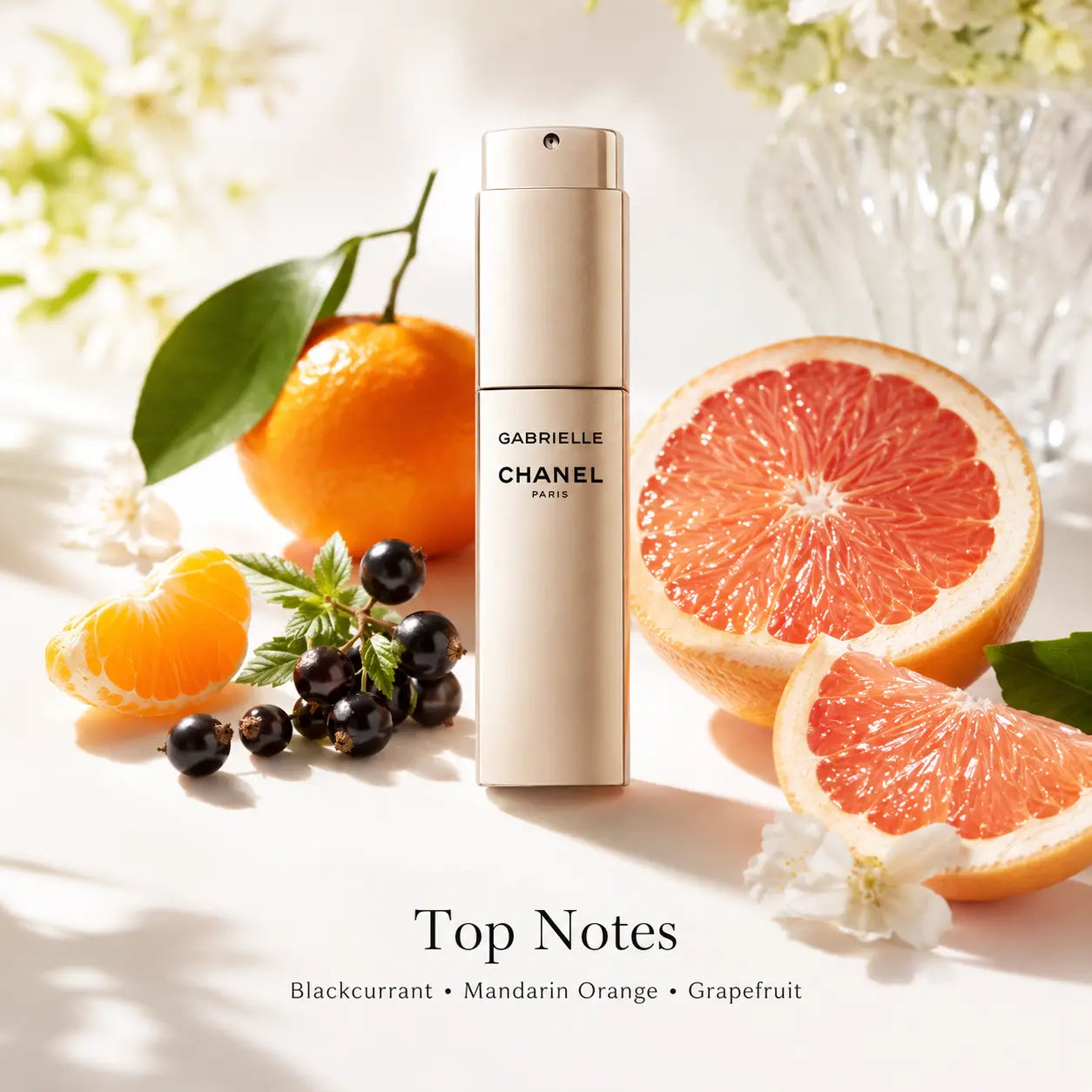 Chanel skincare product with blackcurrants, mandarin oranges, and grapefruits on a light background