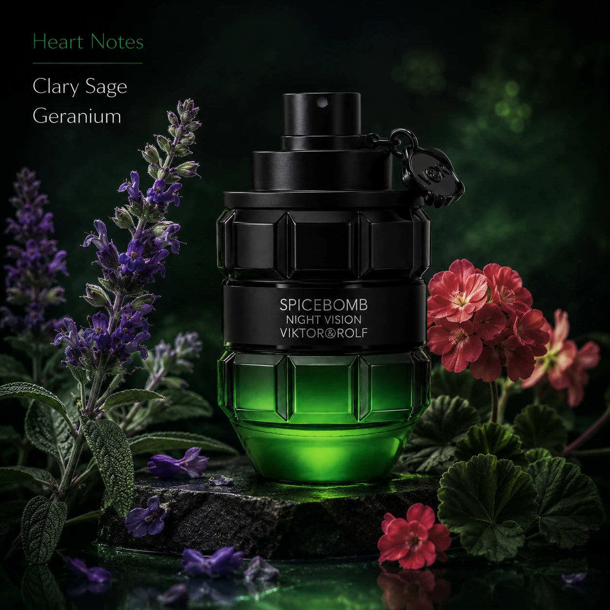 Viktor & Rolf Spicebomb Night Vision EDT 90ml top notes image with fresh green aromatic styling.