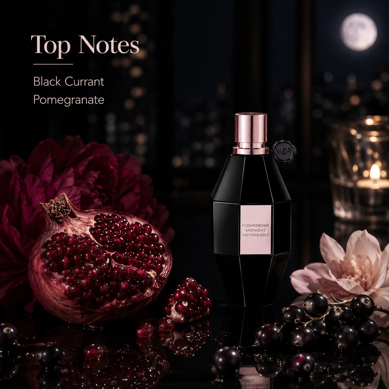 Viktor & Rolf Flowerbomb Midnight EDP 100ml top notes image with black currant and pomegranate