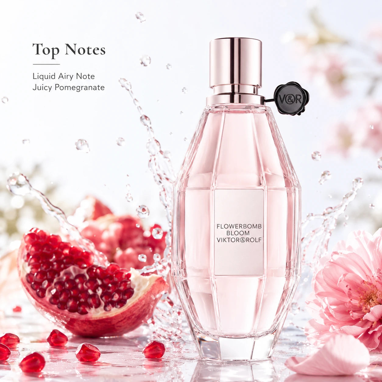 Viktor & Rolf Flowerbomb Bloom EDT 100ml top notes image with liquid airy note and juicy pomegranate in a bright fresh floral composition.