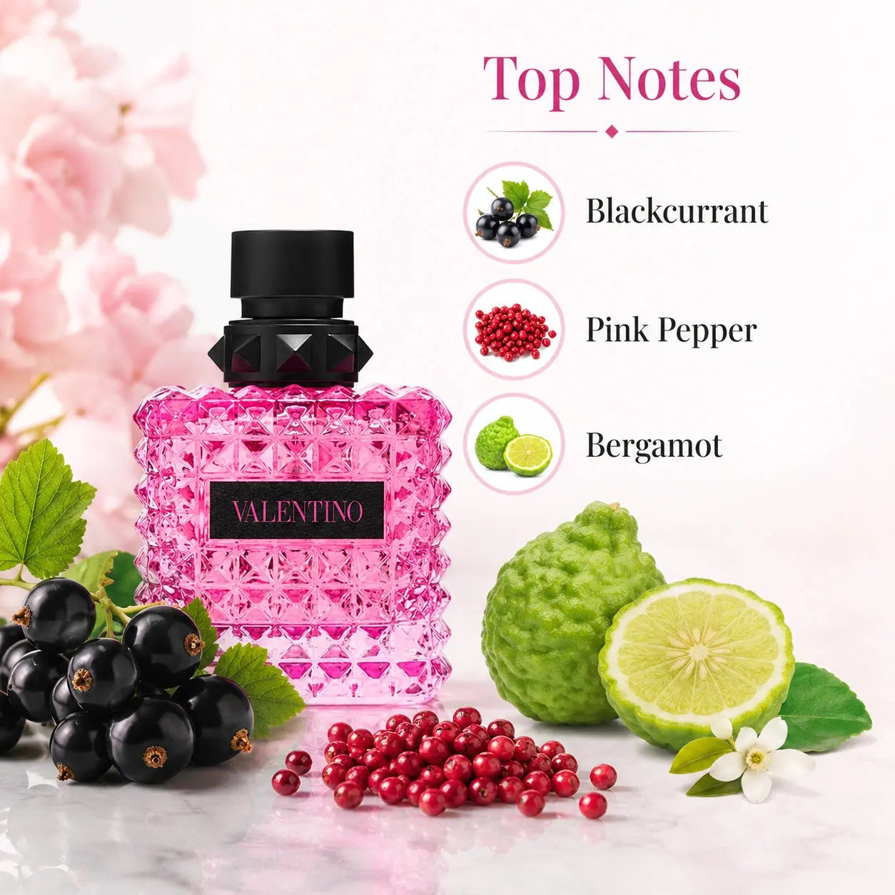 Valentino Donna Born In Roma top notes image with blackcurrant, pink pepper and bergamot at Gadgets Online NZ