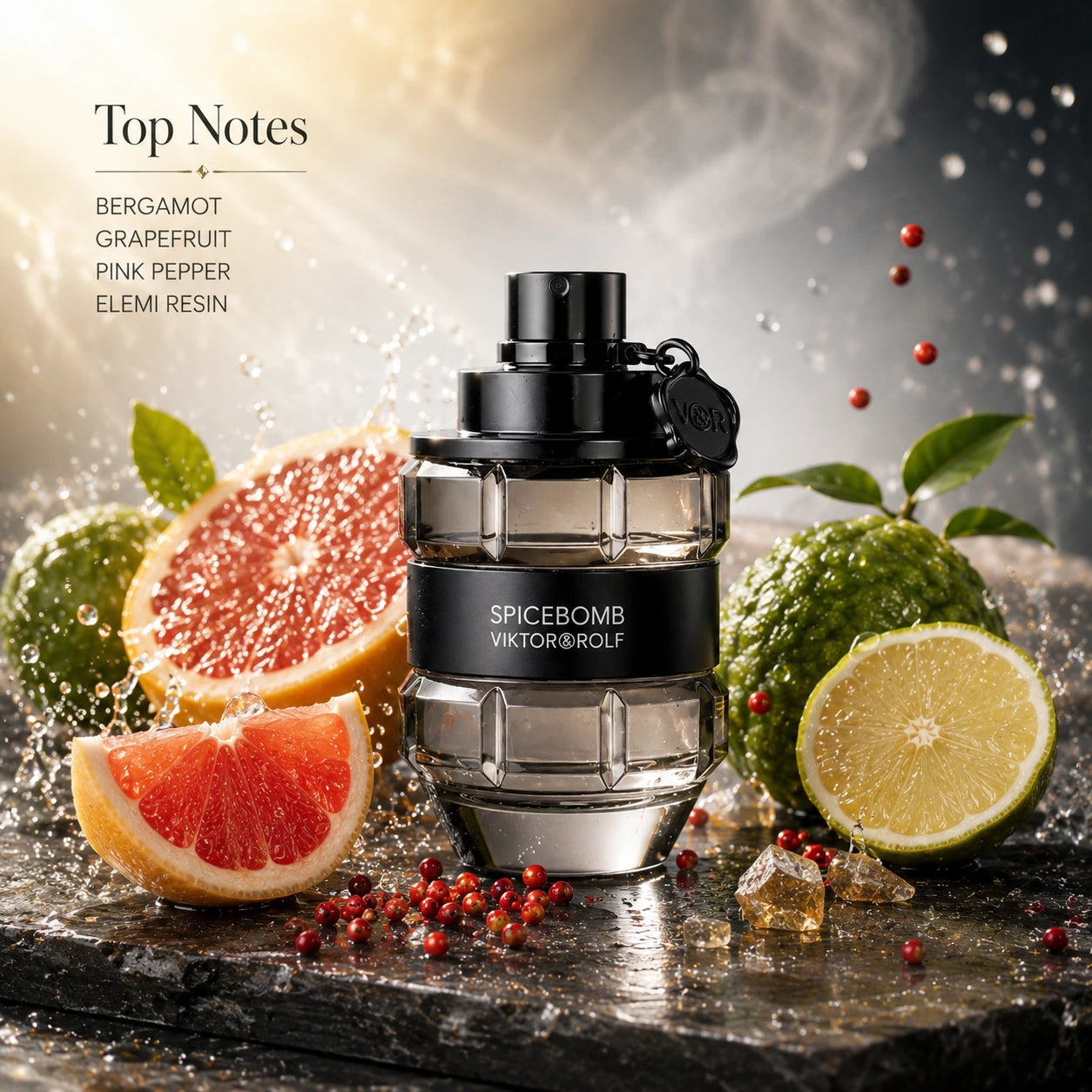 Top notes image for Viktor & Rolf Spicebomb EDT 90ml for men featuring bright citrus and spicy accents in a luxury masculine composition.