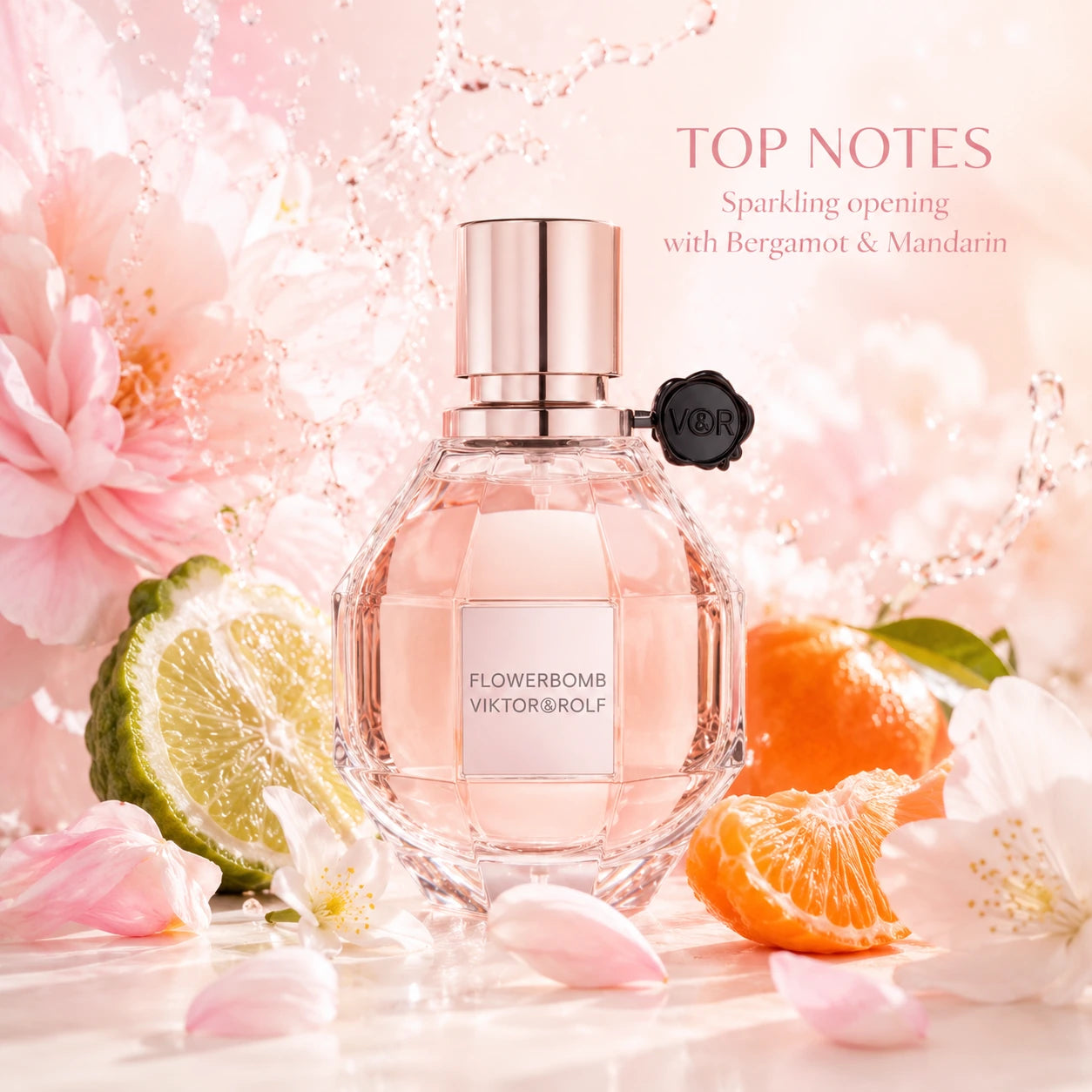 Viktor & Rolf Flowerbomb 100ml EDP top notes image with bergamot and mandarin beside the Flowerbomb bottle in a bright feminine floral setting.