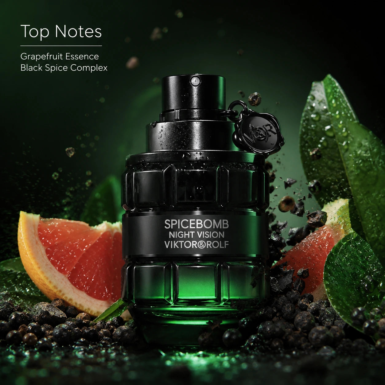 Viktor & Rolf Spicebomb Night Vision EDT 50ml top notes image with grapefruit essence and black spice complex in a bold green masculine composition.