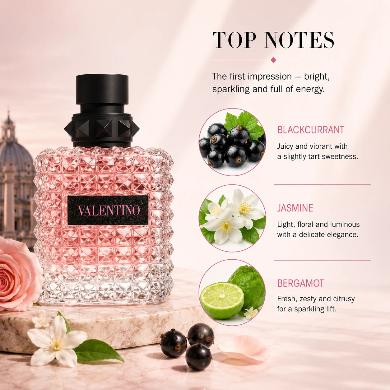 Valentino Donna Born In Roma EDP top notes blackcurrant jasmine bergamot perfume education image