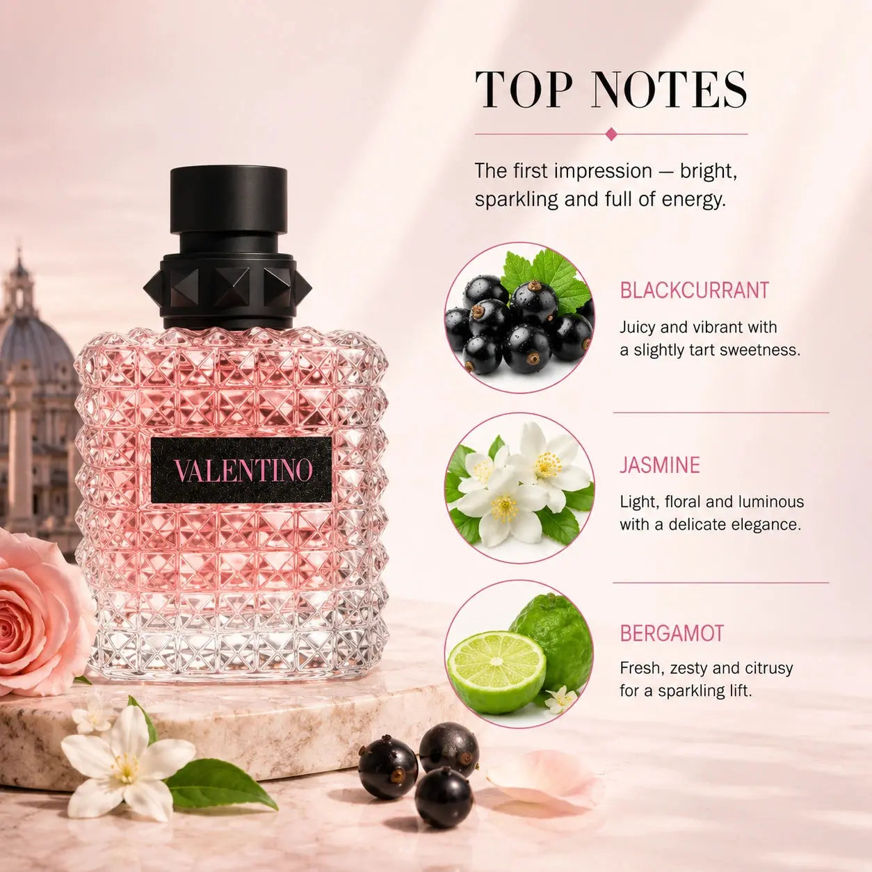 Valentino Donna Born In Roma EDP top notes blackcurrant jasmine bergamot perfume education image