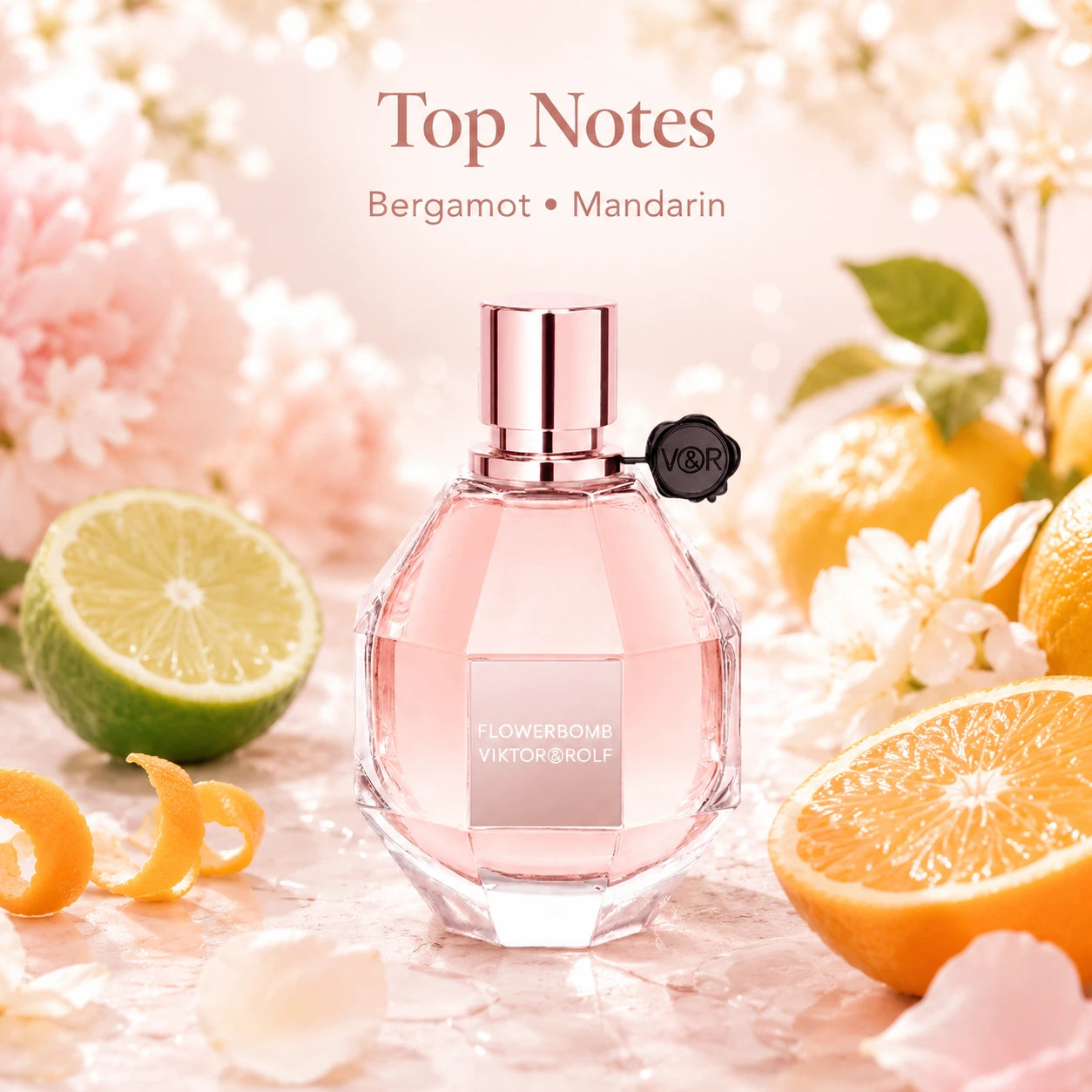 Viktor & Rolf Flowerbomb EDP 30ml top notes image with bergamot and mandarin beside the Flowerbomb bottle in a bright feminine floral setting.