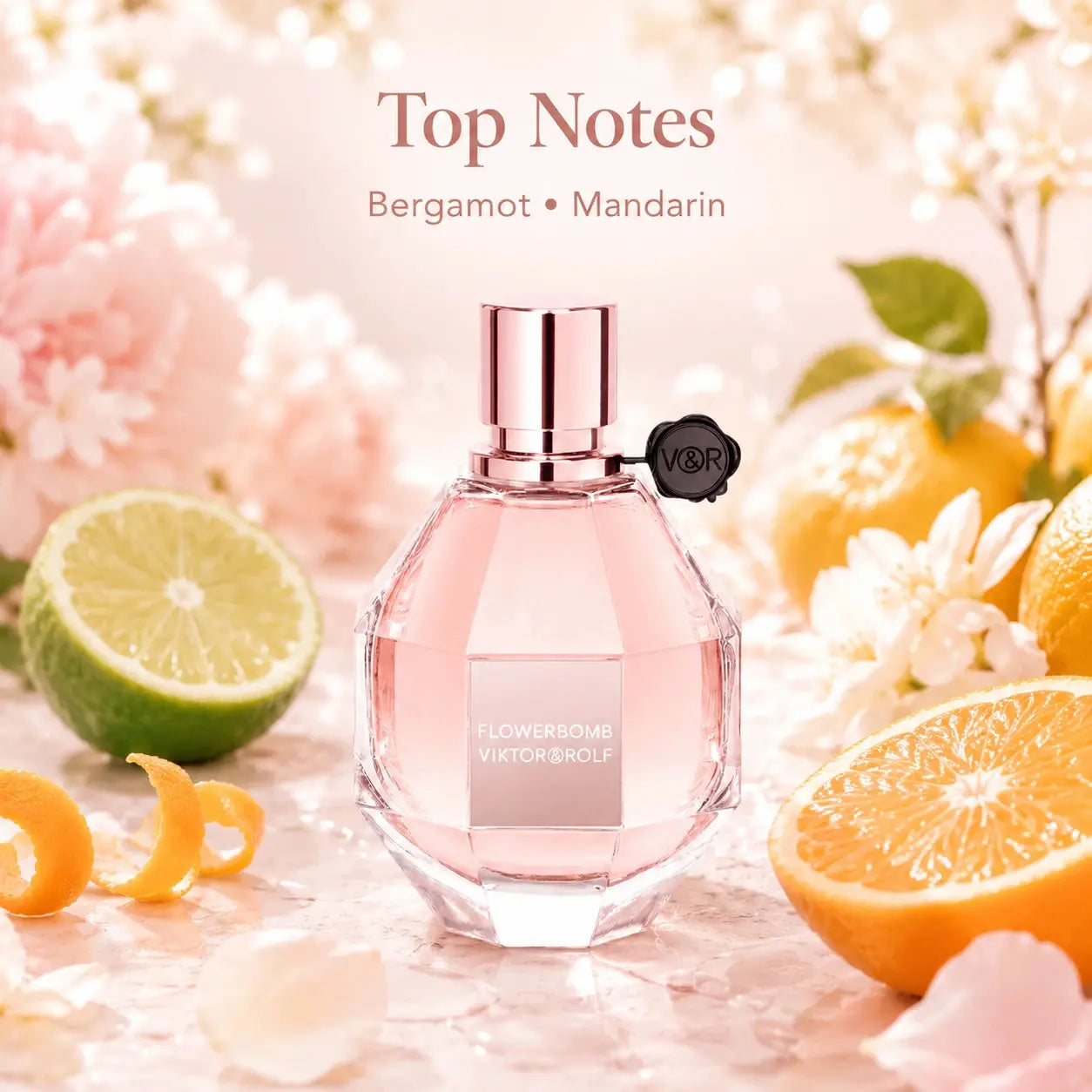 Viktor & Rolf Flowerbomb EDP 30ml top notes image with bergamot and mandarin beside the Flowerbomb bottle in a bright feminine floral setting.