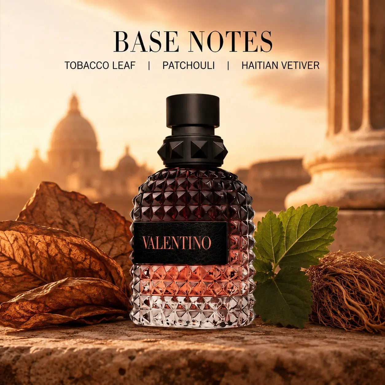 Valentino Uomo Born In Roma Coral Fantasy 50ml EDT men base notes image with tobacco leaf, patchouli and Haitian vetiver at Gadgets Online NZ