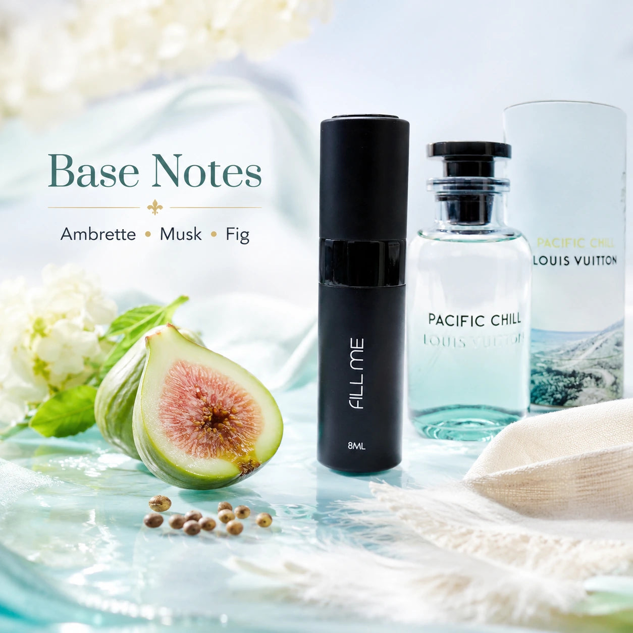 Louis Vuitton Pacific Chill fragrance base notes image showing ambrette, musk and fig with 8ml Fill Me atomiser and full-size bottle