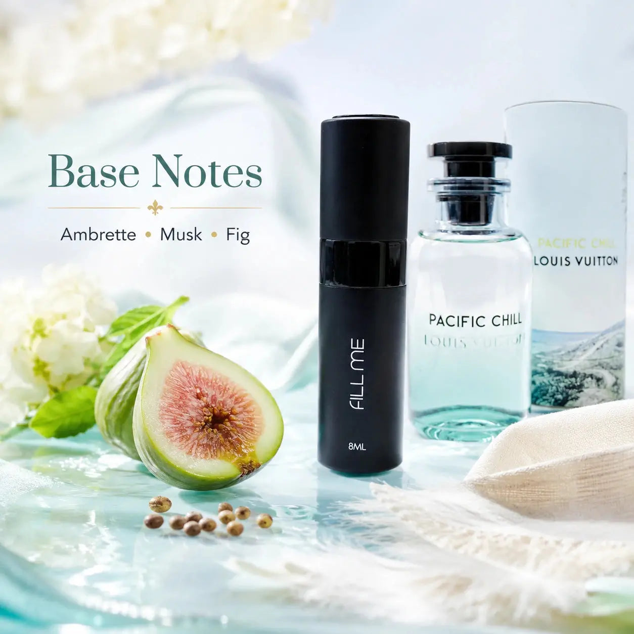 Louis Vuitton Pacific Chill fragrance base notes image showing ambrette, musk and fig with 8ml Fill Me atomiser and full-size bottle
