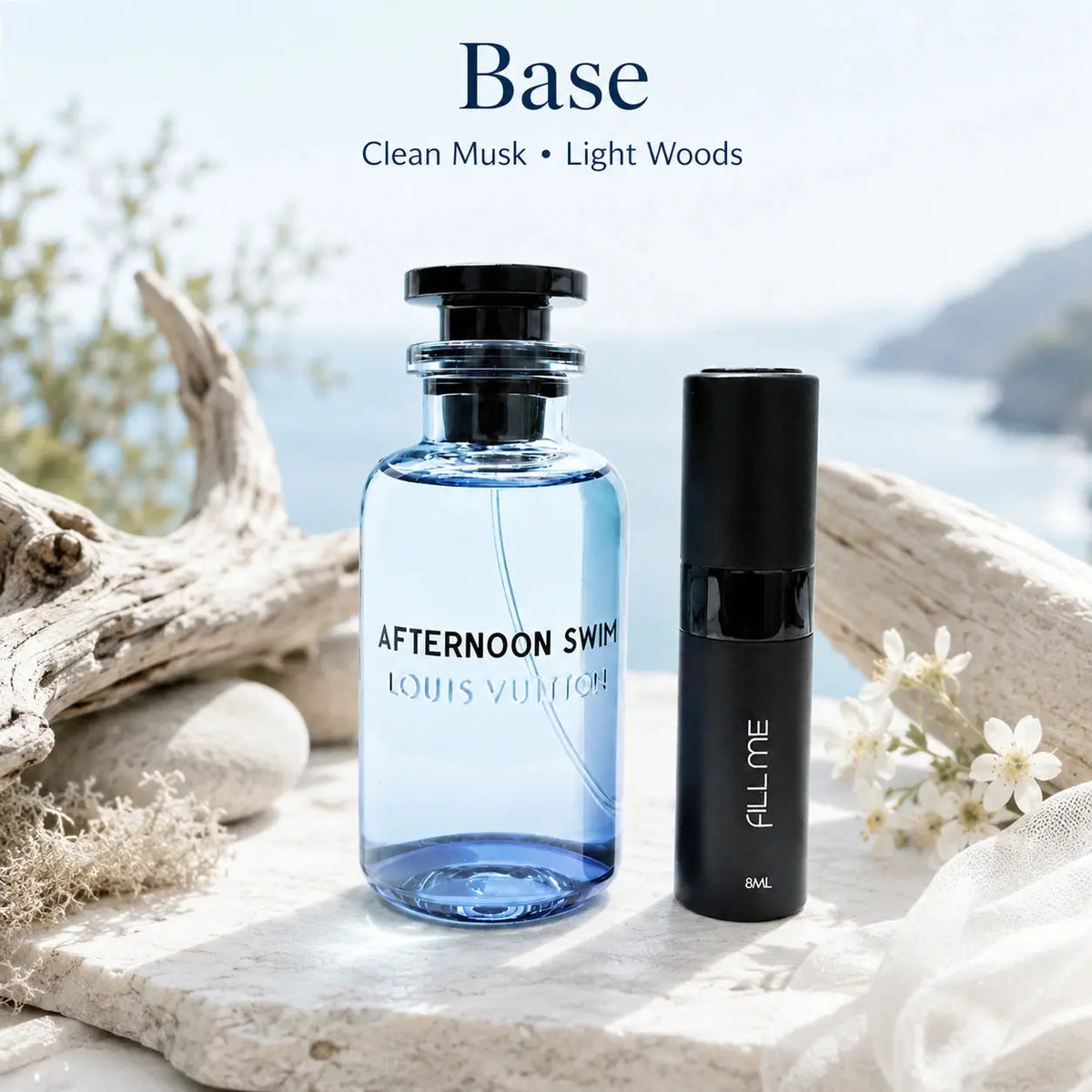 Louis Vuitton Afternoon Swim base notes image showing clean musk and light woods with the 8ml Fill Me atomiser and the full-size fragrance reference.