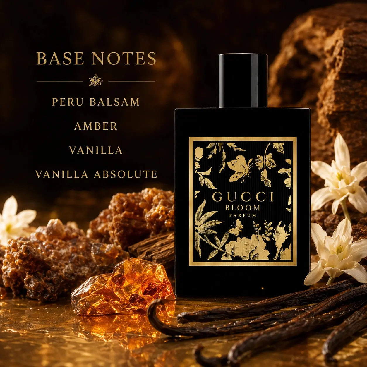 Gucci Bloom Parfum 100ml base notes image with Peru balsam, amber, vanilla and vanilla absolute at Gadgets Online NZ