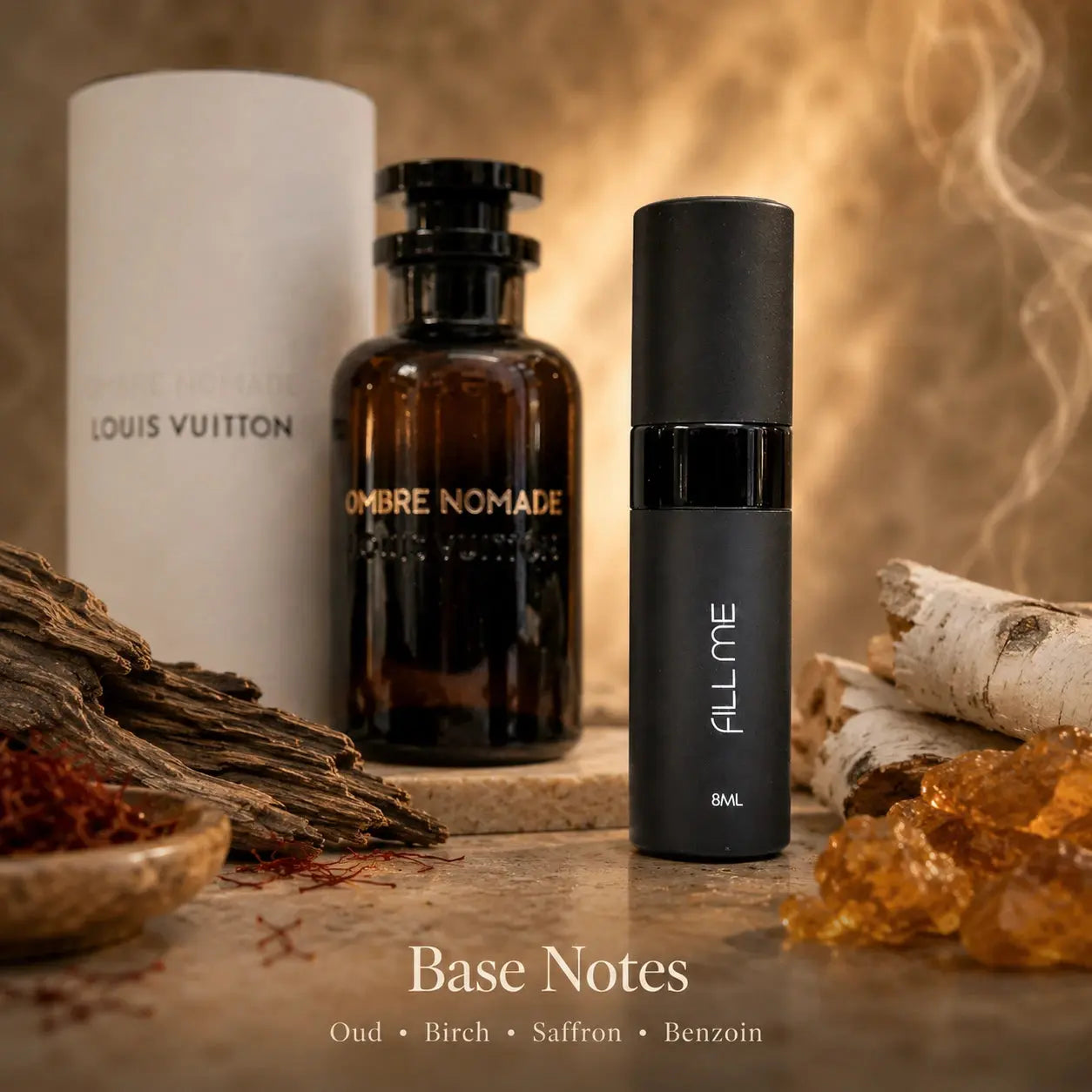 Louis Vuitton Ombre Nomade 8ml decant base notes image featuring oud, birch, saffron and benzoin with the Fill Me atomiser and full-size fragrance reference.