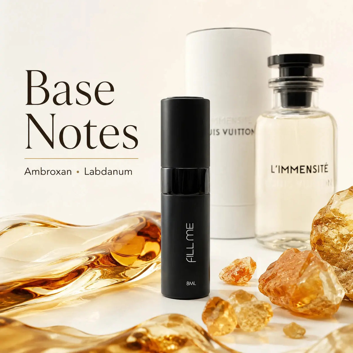 Louis Vuitton L'Immensité 8ml decant base notes image with ambroxan and labdanum inspired amber elements beside the Fill Me atomiser and reference bottle.