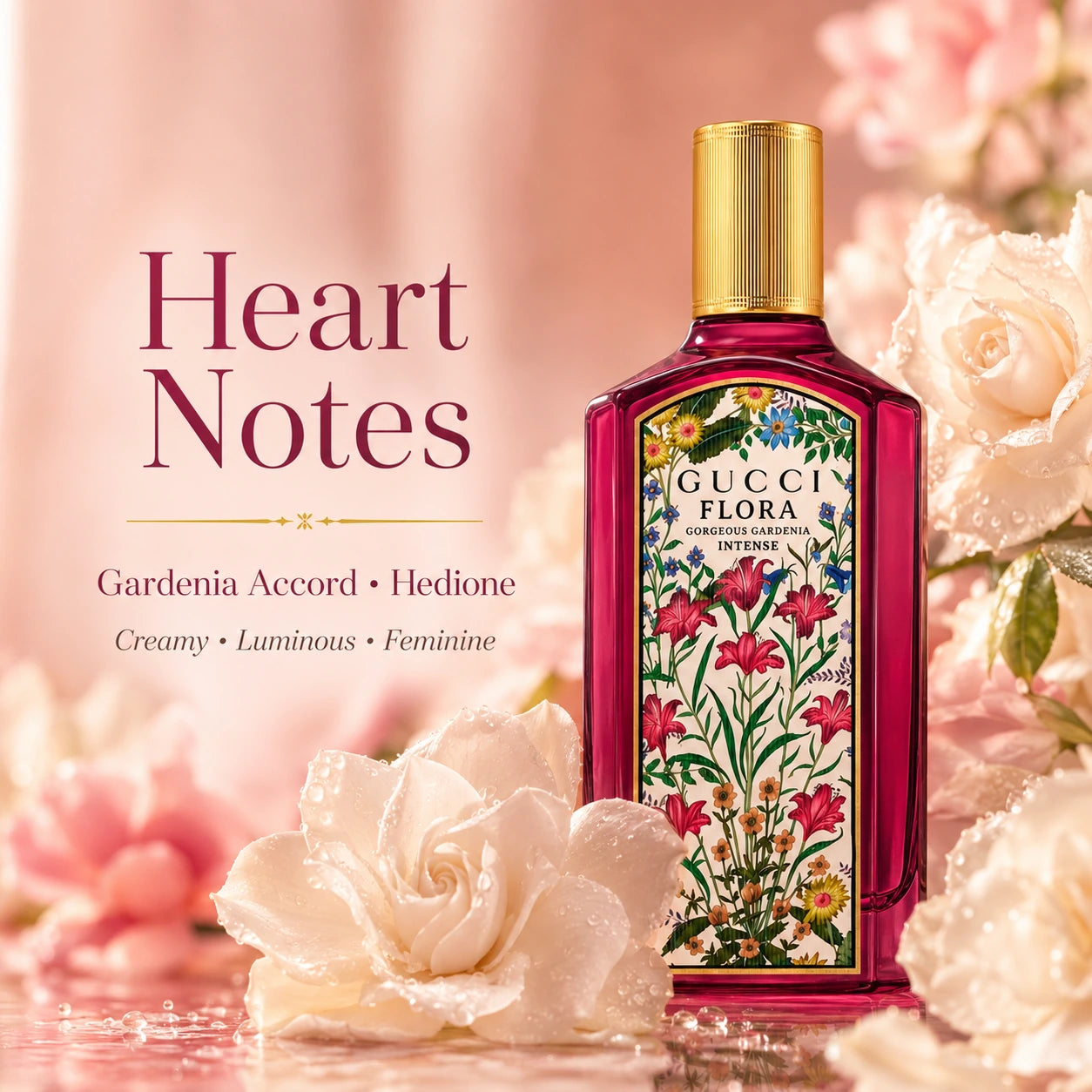 Gucci Flora Gorgeous Gardenia Intense EDP 100ml heart notes image showing gardenia accord and hedione at Gadgets Online NZ